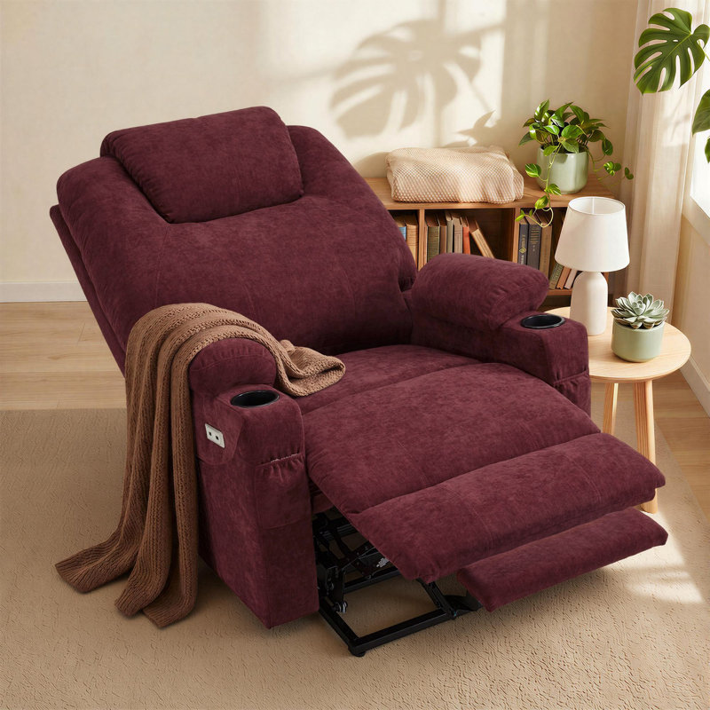 Fauteuil inclinable électrique de 25,2 po de largeur avec massage par vibrations et chaleur, tissu, Bourgogne