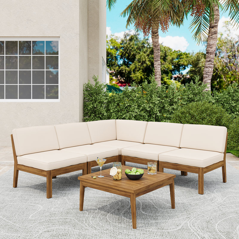 Ravina  6-Piece Modern Rustic Acacia Wood Outdoor Sectional Set With Coffee Table, Beige