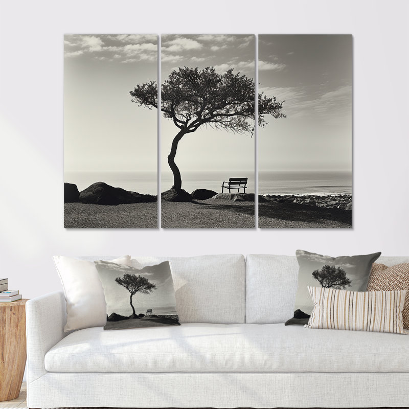 «Black and White Solitude Tree Coastal Horizon - Coastal Minimalisme, art sur toile, Toile tendue, H 40 po x l 60 po x P 1 po