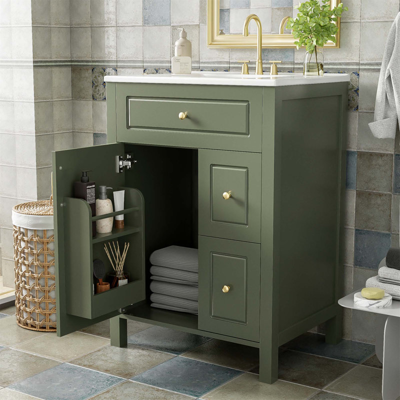 24" Bathroom Vanity With Ceramic Sink, 1 Soft Close Door, 2 Soft Close Drawers, And Double Storage Racks On The Door, Green