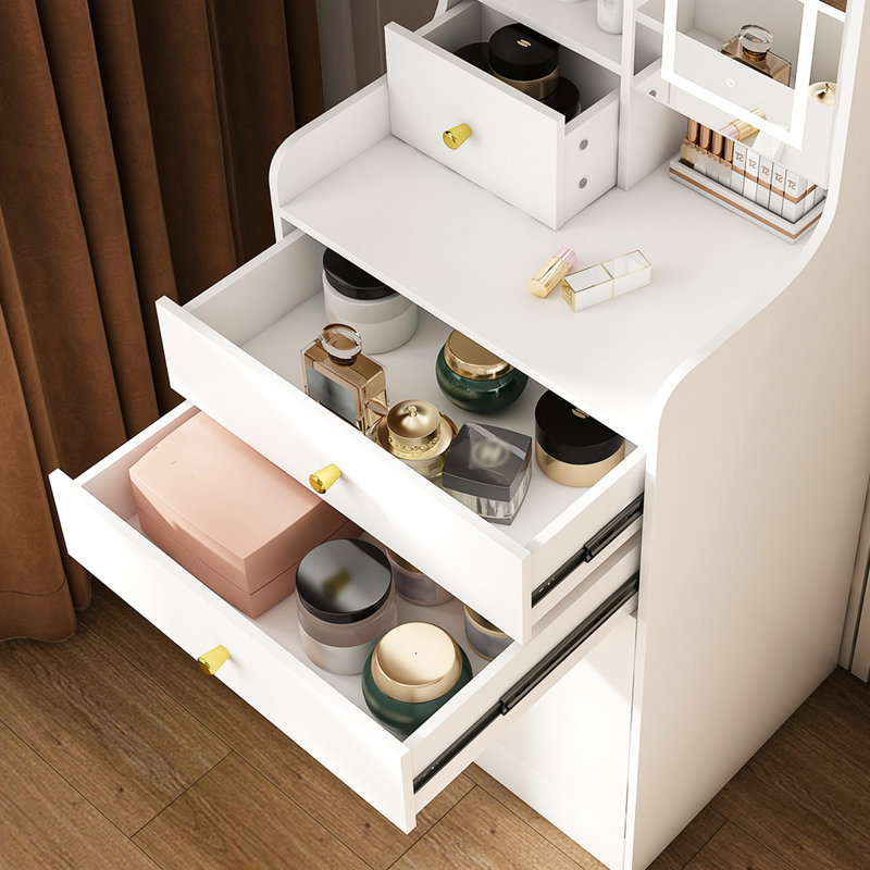 Table de coiffeuse multifonctionnelle avec miroir à DEL réglable, tabouret caché et 4 tiroirs blancs pour l'organisation de la chambre à coucher