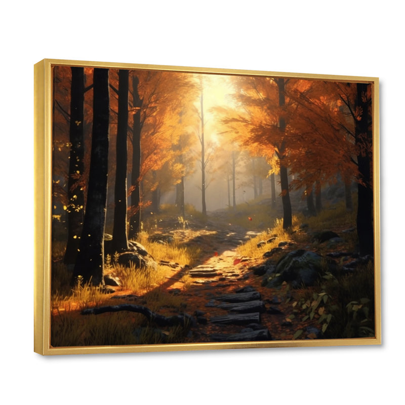 Forêt, sérénité, après-midi, lumière du soleil en automne sur toile, H 16 po x l 32 po x P 1 po, Cadre flottant doré