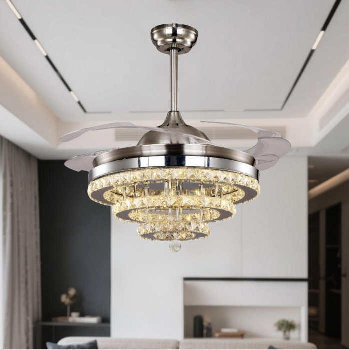42-inch Silver Invisible Ceiling Fan Light With Multi-layered Crystals And Remote Control
