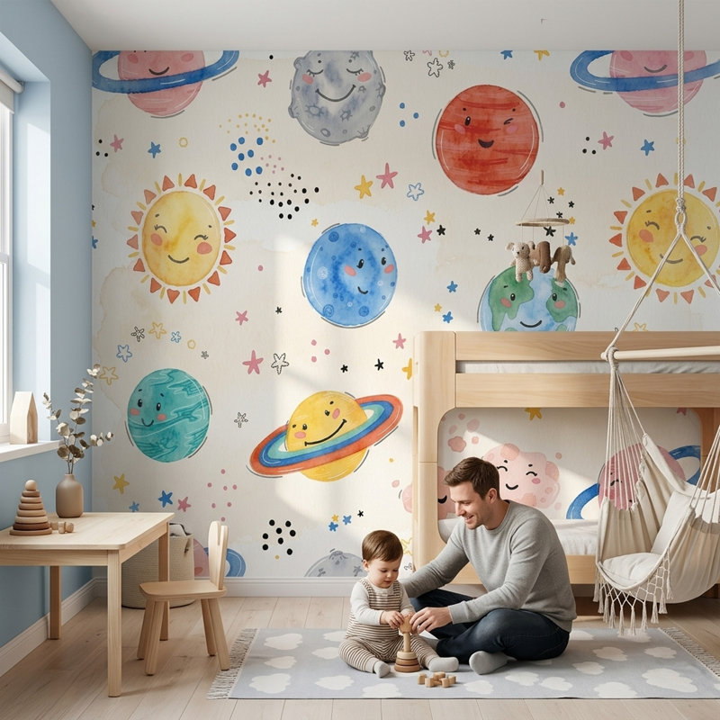 Décoration murale espace pour chambre d'enfant Planets Space, Texturé non collé, 140 po x 108 po