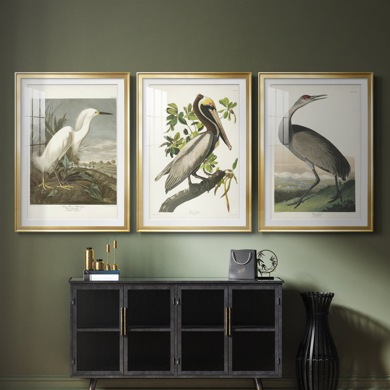 Pl 242 héron enneigé - reproduction encadrée sur mesure de qualité supérieure - 3 pièces, H 21 po x l 30 po, Doré