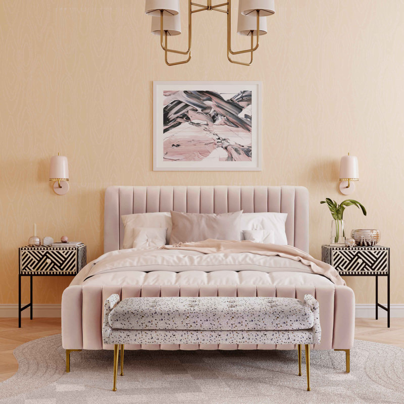 Lit plateforme tapissier Robbinsdale, Velours rosé, Double