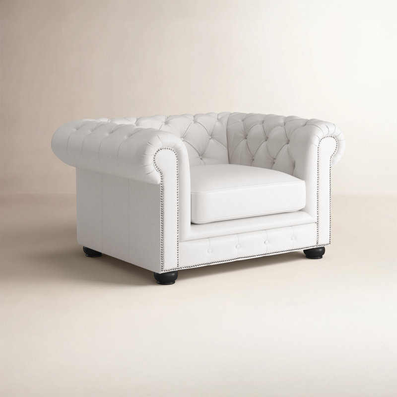Fauteuil Chesterfield en cuir Freddie, Cuir véritable Sidekick Blanco