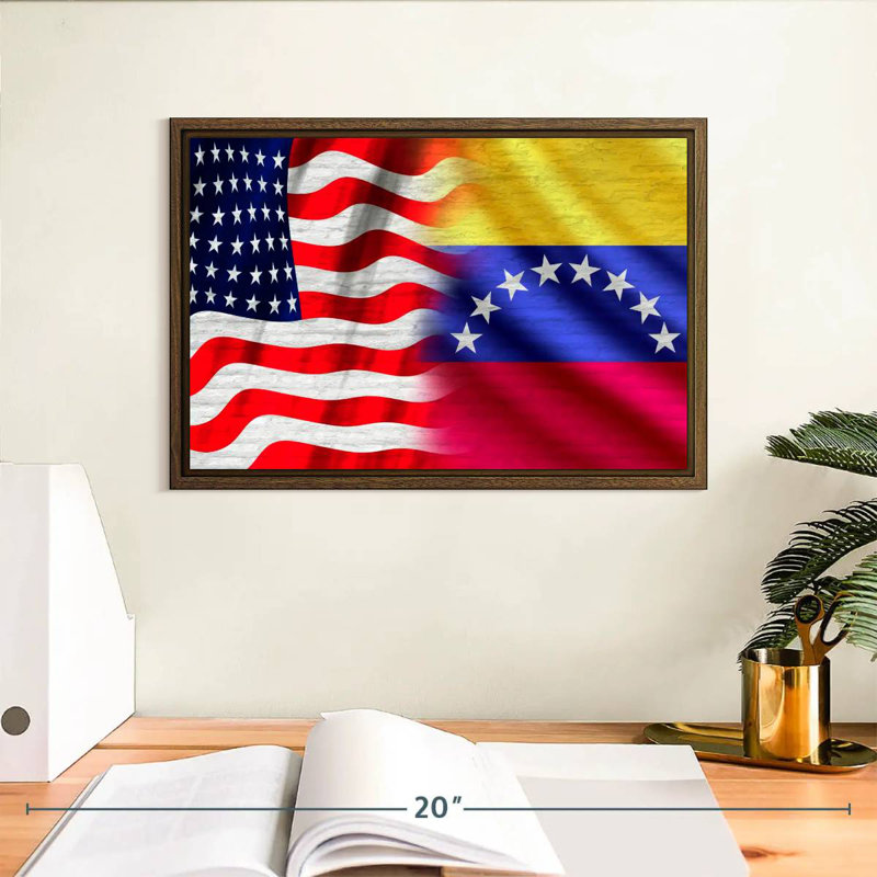 America Venezuela Flags, 13" X 9", Floating Frame Walnut