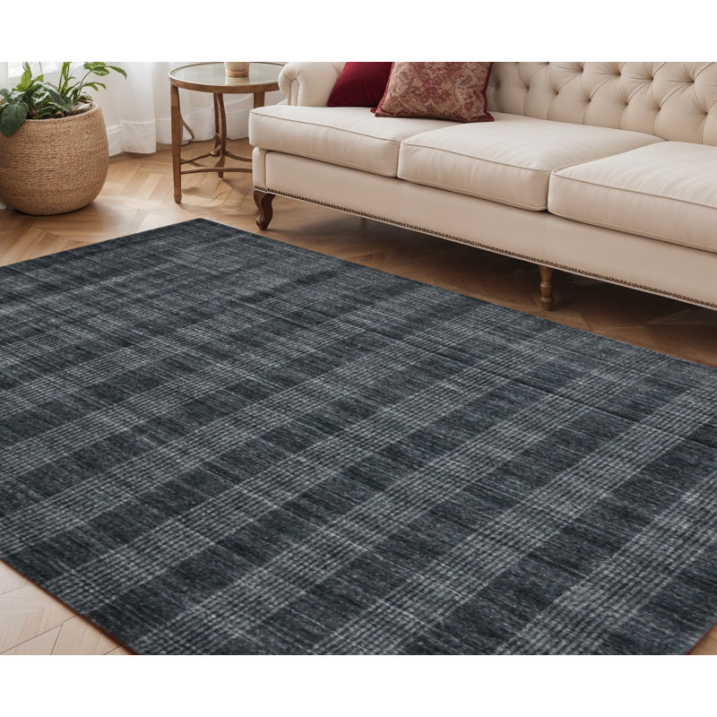 Tapis gris anthracite et écossais en laine tissé à la main 5 pi x 8 pi