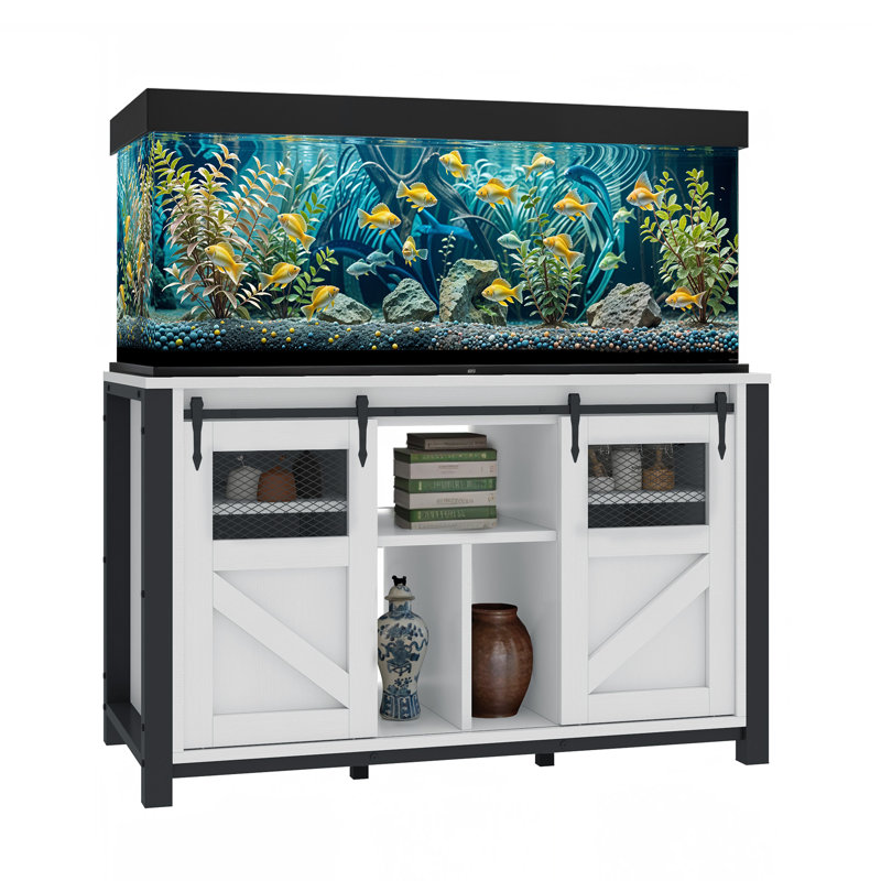  120 Gal Fish Tank Stand with Storage, 1100 Lbs Capacity, Power Outlets, Barn Door, Black, White