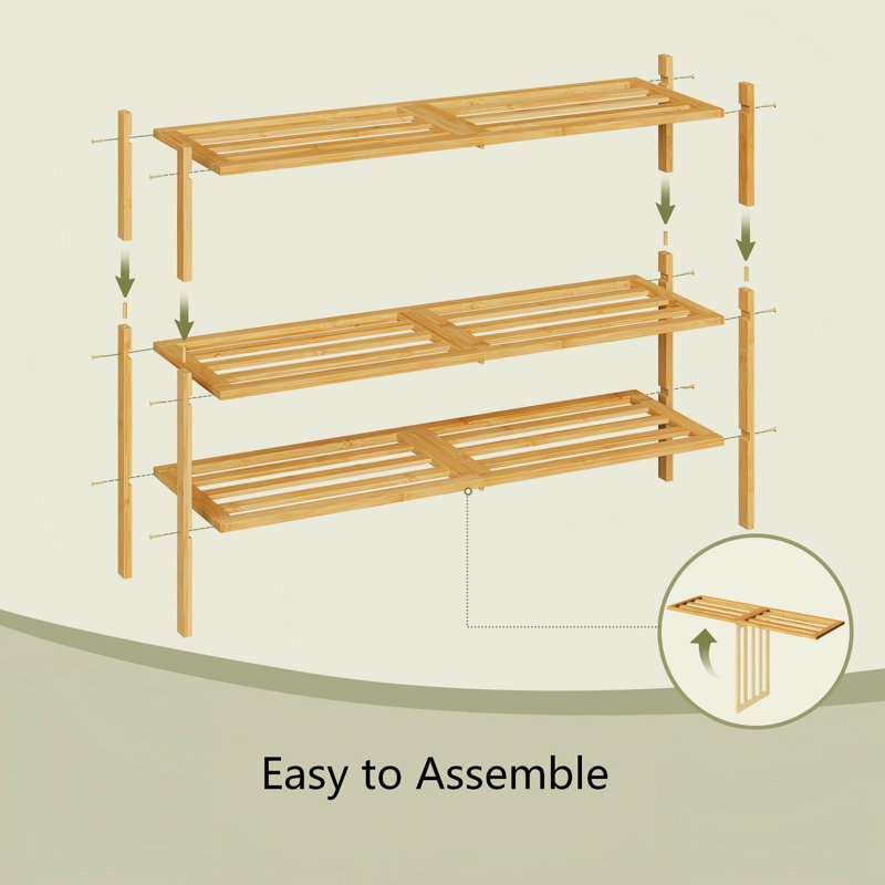 3 Tier 16 Pairs Bamboo Shoe Rack For Closet, Stackable Shoe Oragnizer, Natural, 20.2'' H X 27.5'' W X 9.8'' D