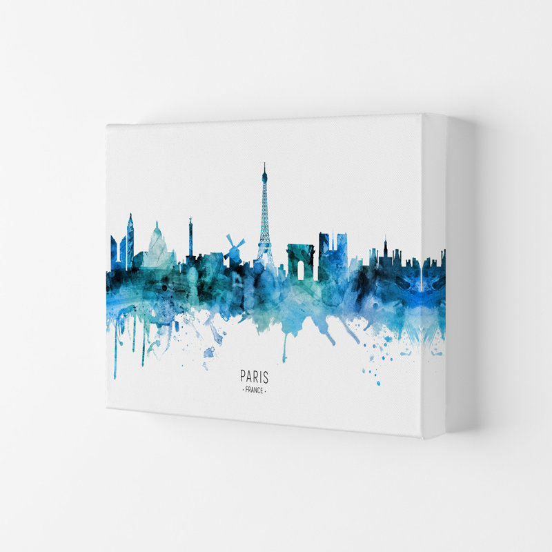 Paris France Skyline Blue City Name by Michael Tompsett - Print, 59.4cm H x 84cm W x 4cm D, Wrapped Canvas