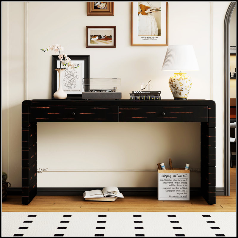 Curved Rustic Console Table with 2 Drawers, Wooden Entryway & Hallway Table with Storage for Living Room, Distressed Black Finish