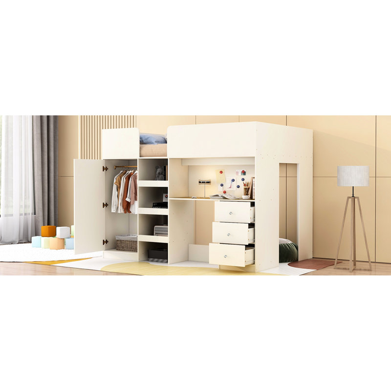 Lit mezzanine double pleine grandeur avec rangement intégré, bureau et garde-robe - Bureau au choix pratique, tablettes de rangement au look moderne