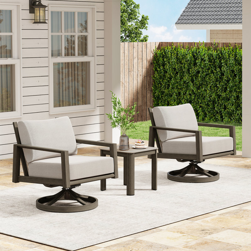 Nimbus 3-Piece Brown Aluminum Patio Conversation Set With Swivel Chairs, Light Gray Cushions And Side Table