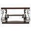 Console rectangulaire à 2 tablettes en placage de cerisier foncé foncé et volutes de bronze pour exposer les entrées de salon, deux tablettes, finition détaillée derrière les canapés