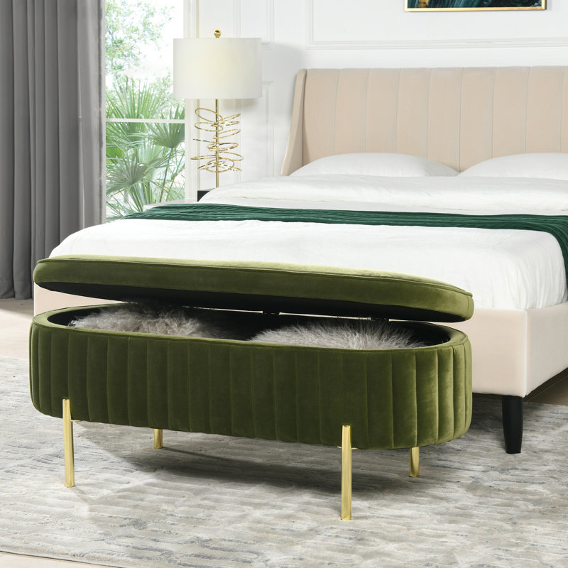 Banc de rangement rembourré Elko Natoma, Velours vert olive