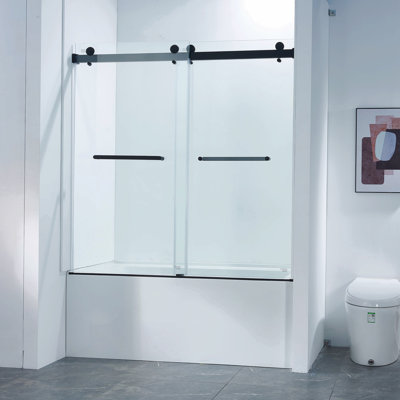 Porte de douche à double cuve coulissante sans cadre l 56 à 60 po x H 60 po, acier inoxydable 304 en noir mat, verre trempé transparent de 5/16 po (8 mm) d'épaisseur