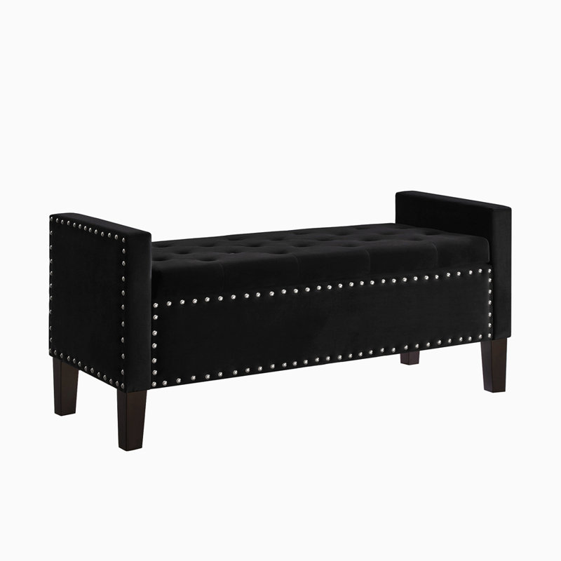 Upholstered Tufted Button Storage Bench With Nails Trim,Entryway Living Room Soft Padded Seat With Armrest,Bed Bench , Black