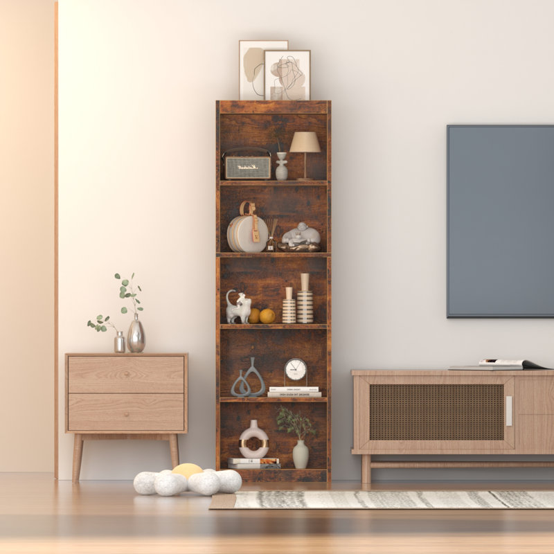     Bibliothèque à 5 niveaux, tablettes de rangement en bois de 20 pouces de largeur, Brun