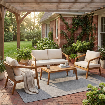 4-Piece Wooden Outdoor Furniture Set with Wicker Backrest & Cushions