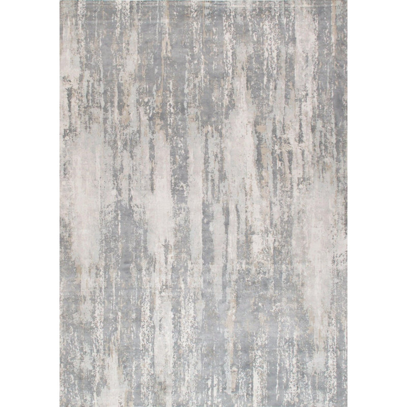 Tapis gris / ivoire en laine et en coton 6 pi x 9 pi fabriqué à la main sans motif et sans motif uni