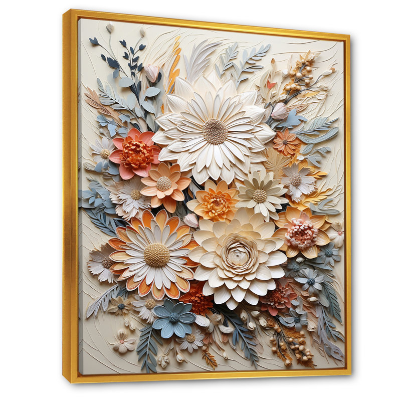 Couronne botanique beige «Unity» sur toile, Cadre flottant doré, H 32 po x l 24 po x P 1 po