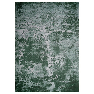 Tapis moderne abstrait vert lavable 2,74 m x 3,66 m pour salon, chambre à coucher, salle à manger. Doux et mince, imitation laine à poils courts, pliable, avec envers antidérapant en TPR, résistant aux taches et facile d'entretien.