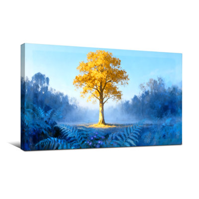 Plantes et fleurs, arbre doré dans un paysage de forêt bleue