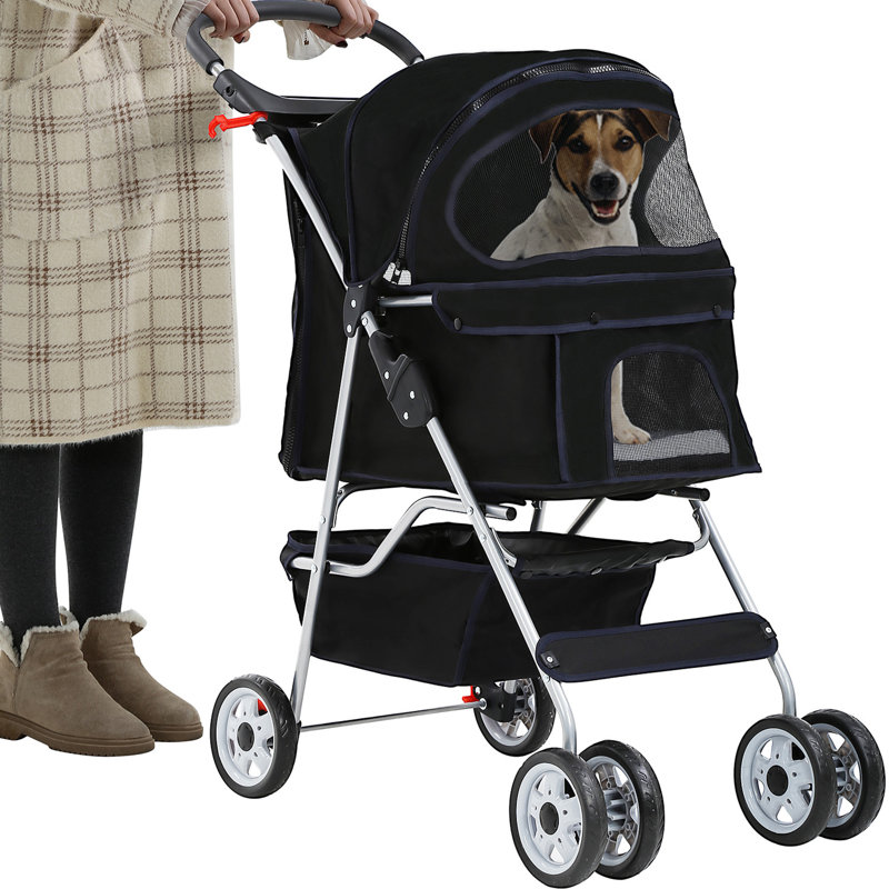 Black 4-Wheeled Folding Pet Stroller with Mesh Windows