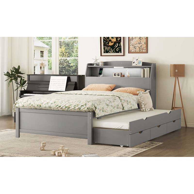 Lit plateforme en bois avec lit gigogne à DEL, gris, Complète