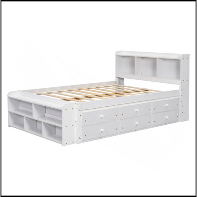 Lit double avec tête de lit bibliothèque, tiroirs de rangement sous le lit et étui de rangement pour bout de lit, blanc