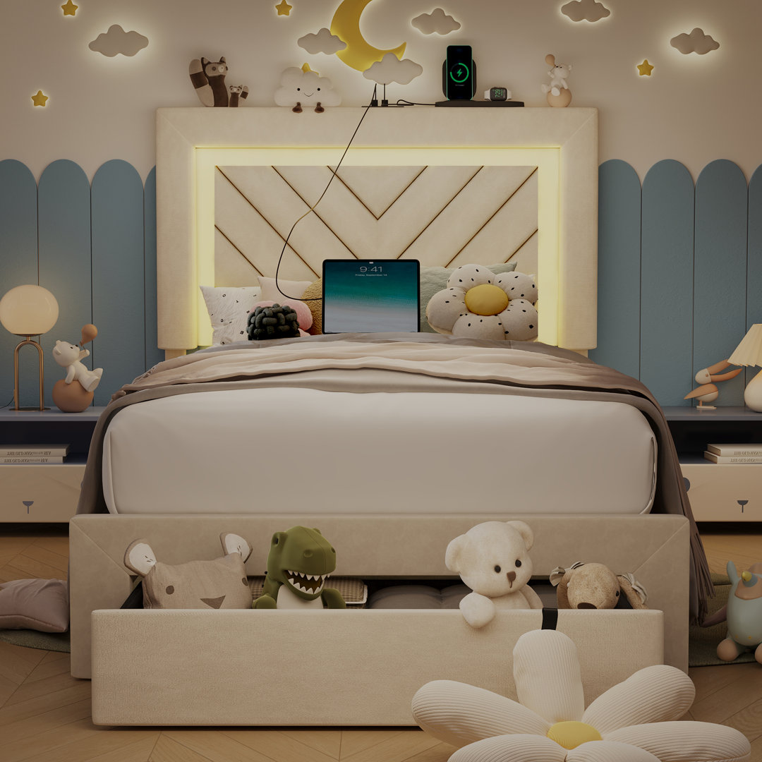 Upholstered Bed Frame with Adjustable Charged LED Headboard and Storage Drawers Wrought Studio™ 