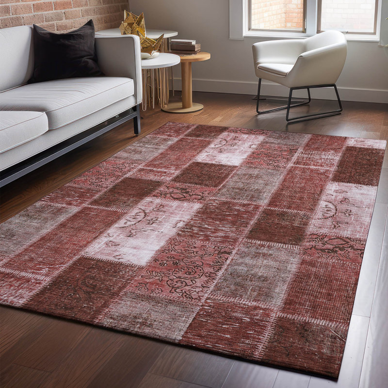 Handmade Red Rectangular Washable Synthetic Rug 5' x 7'