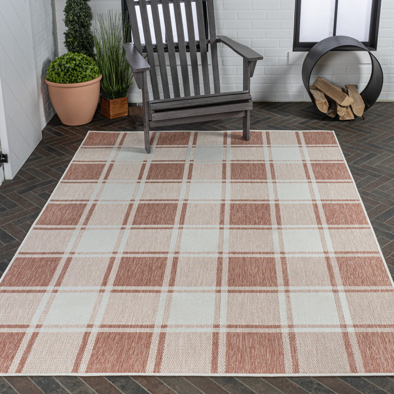 Sabine Traditional Farmhouse Bold Gingham Salmon/Cream Indoor/Outdoor Rug, Rectangle 5'3" x 7'7"