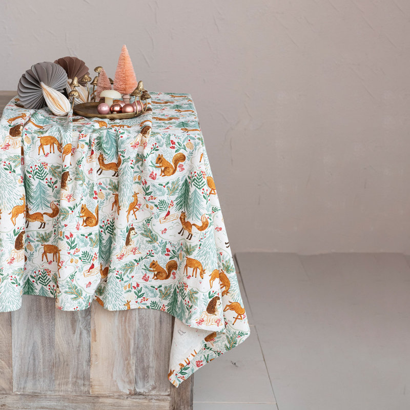 Cotton Printed Tablecloth With Woodland Flora And Fauna Pattern