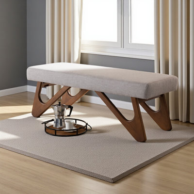 Banc Elle en tissu bouclé beige et bois brun, H 17,49 po x l 48,45 po x P 18,26 po