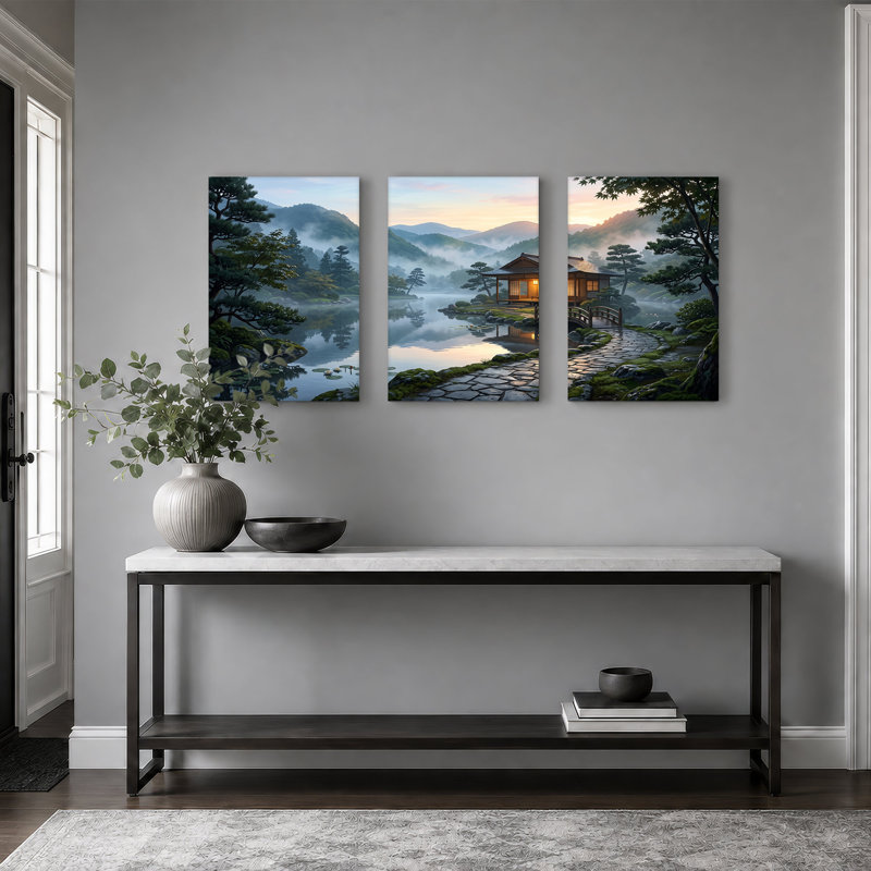 «Japanese House on Misty Lake with Stone Path and Bridge», ensemble de 3 toiles, 24"H x 16"W x 3pcs