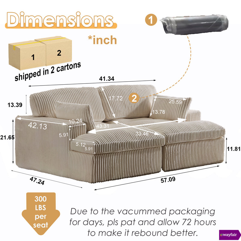 Theodore Boneless 41.34"W Fully Compressed Deep Seat Corduroy Double Sofa, Beige Corduroy
