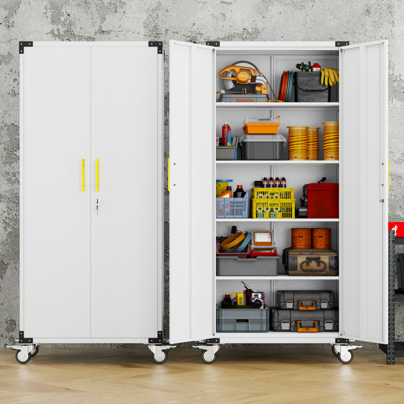 Steel Tall 71" Garage Storage Cabinet with Locking Doors ,Rolling Wheels and Adjustable Shelves, 70.87"H, White