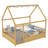 Full Size Floor Wooden Bed With House Roof Frame, Fence Guardrails(Full,Natural)-1667172009