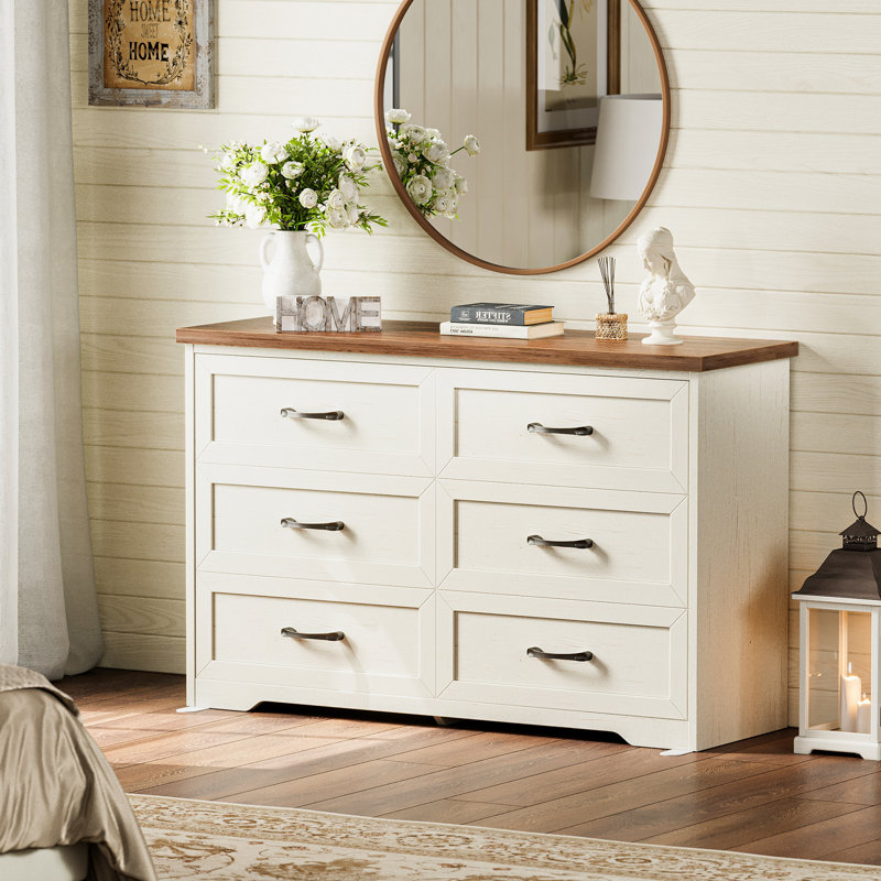 Commode horizontale avec style campagnard et 6 tiroirs spacieux, Brun / Blanc