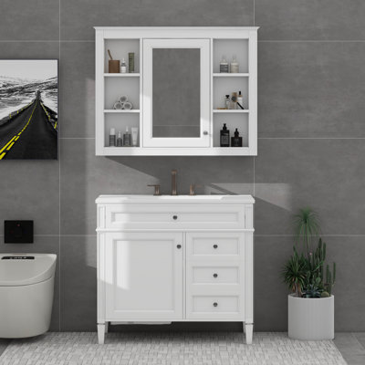 Meuble-lavabo 36 po avec armoire à pharmacie assortie, armoire de rangement moderne avec tiroirs