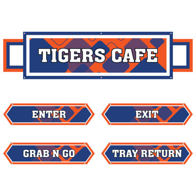 AmTab - Serving-Décor-S03-G-EC - Serving Area Signage (5 pieces) - Style 3 - Tigers
Café Sign: 24"W x 72"L
Enter Sign:  8.5"W x 36"L
Exit Sign:  8.5"W x 36"L
Grab N Go Sign:  8.5"W x 36"L
Tray Return Sign:  8.5"W x 36"L