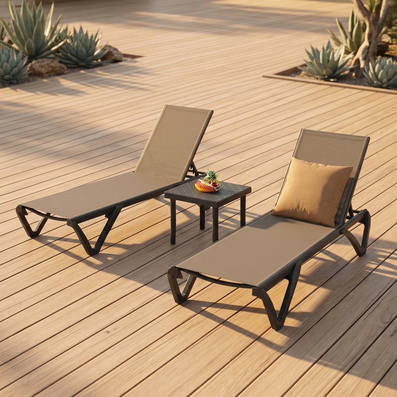 2PC Chair and Table Set, 5‑Position Adjustable Outdoor Chaise Lounge with Wheels & Stackable Design, khaki
