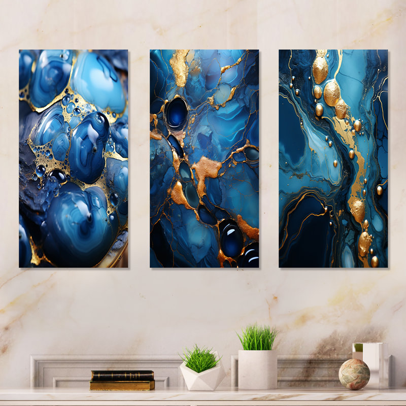 Or et saphir bleu mosaïque de marbre I - ensemble de 3 reproductions d'art abstrait en métal, H 32 po x l 48 po