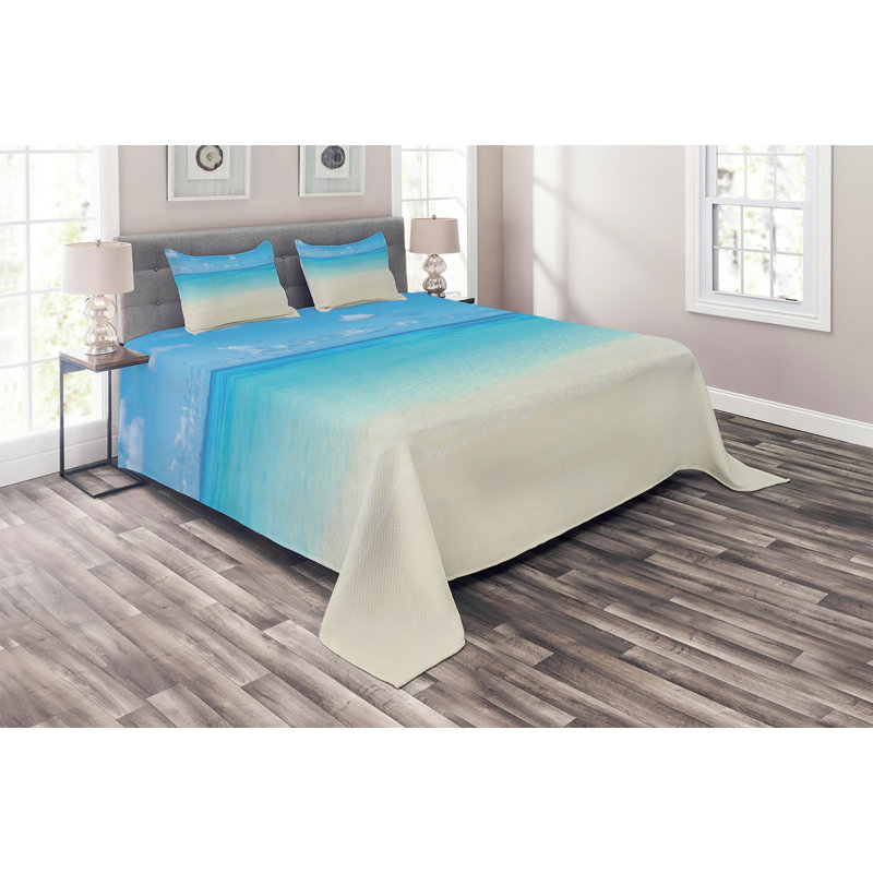 King Size Coastal Ocean View White and Blue Bedspread Set