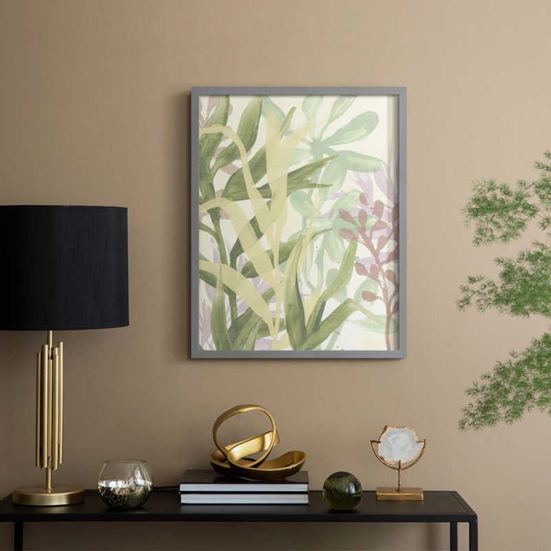«Dreamy Tropical Leaves I», reproduction encadrée - bois massif, H 21 po x l 17 po, Gris