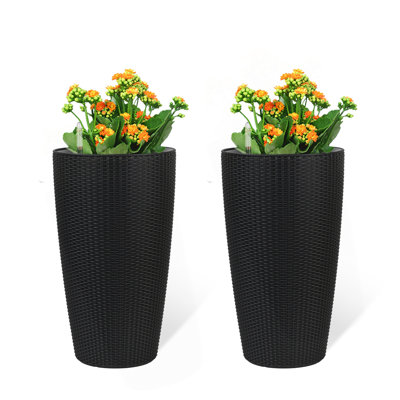 Set of 2 Faux Rattan Tall Planters Outdoor Indoor Large Planters with Water Level Monitor Inner Bucket, Automatic Watering, Flower Plant Pots for Garden, Patio, Porch, Backyard (22 inch )