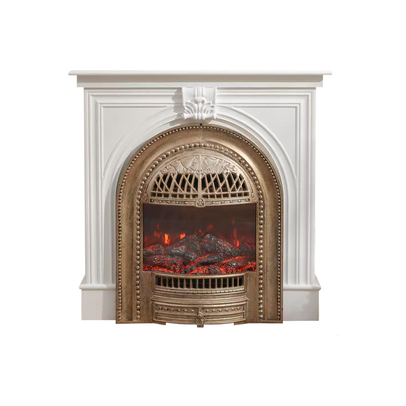 White Gold Solid Wood Freestanding Fireplace, White/Gold